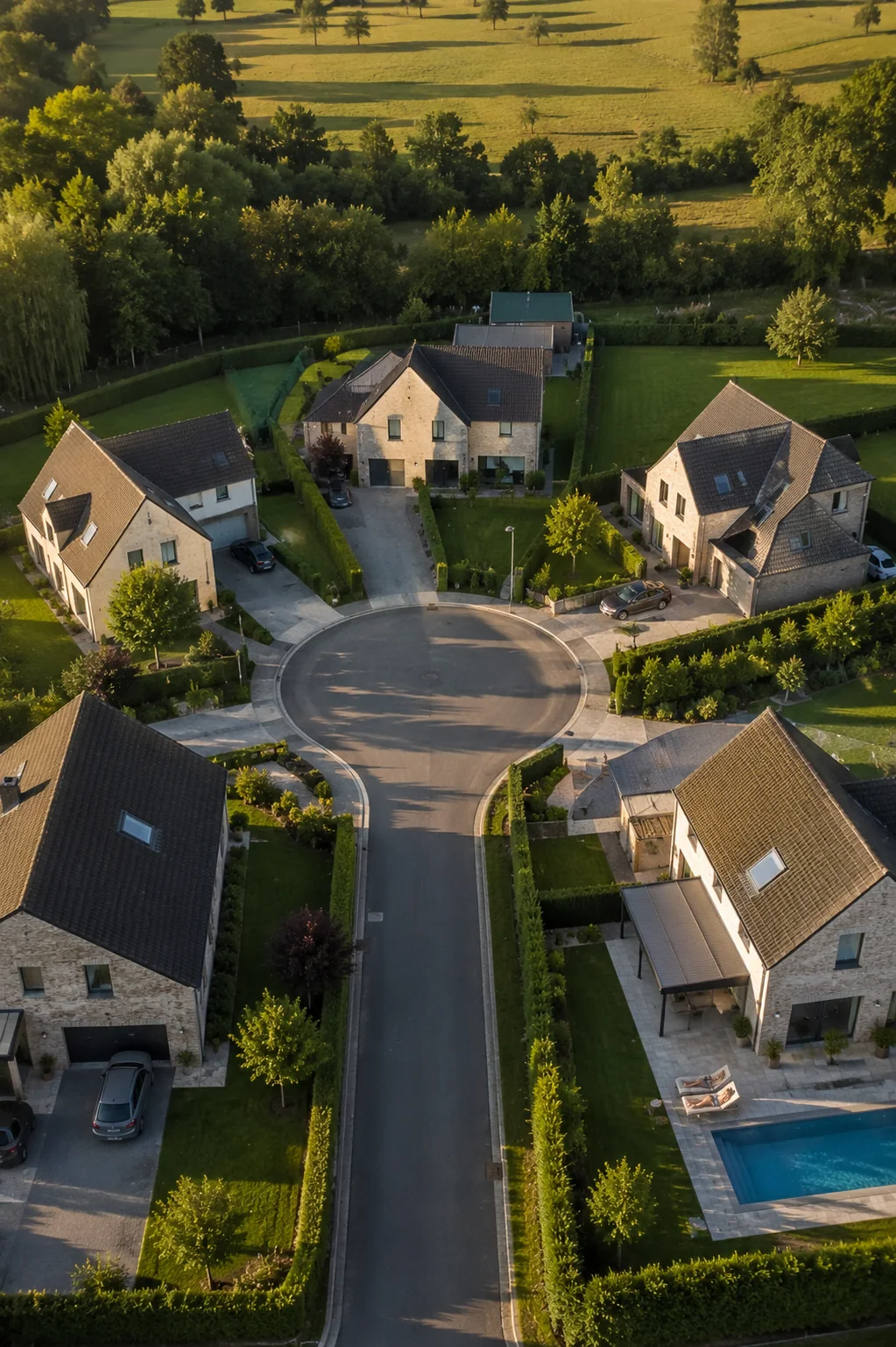 Vue aérienne d'une rue résidentielle calme en Wallonie