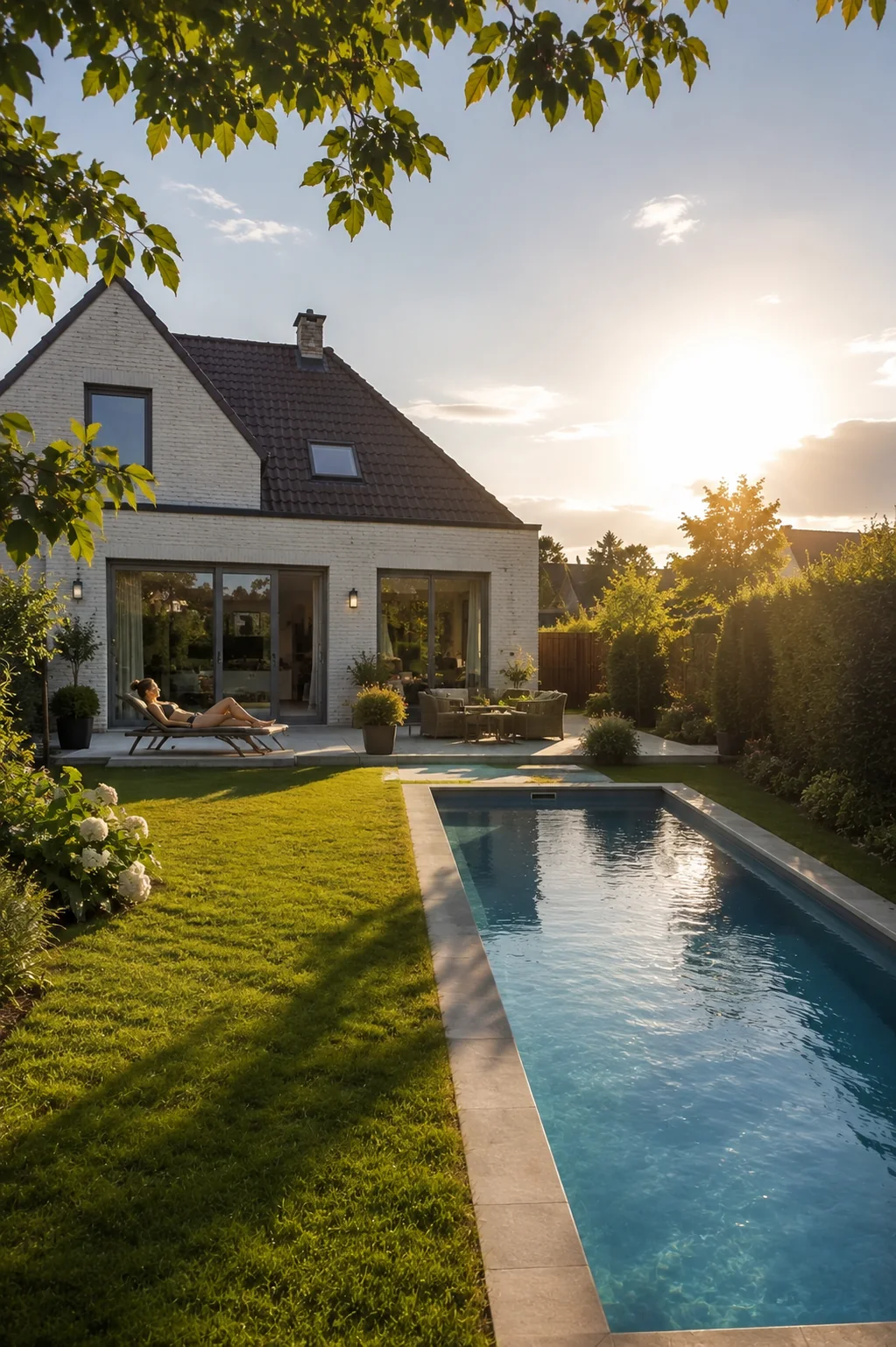 Jardin ensoleillé orienté au sud avec terrasse et piscine